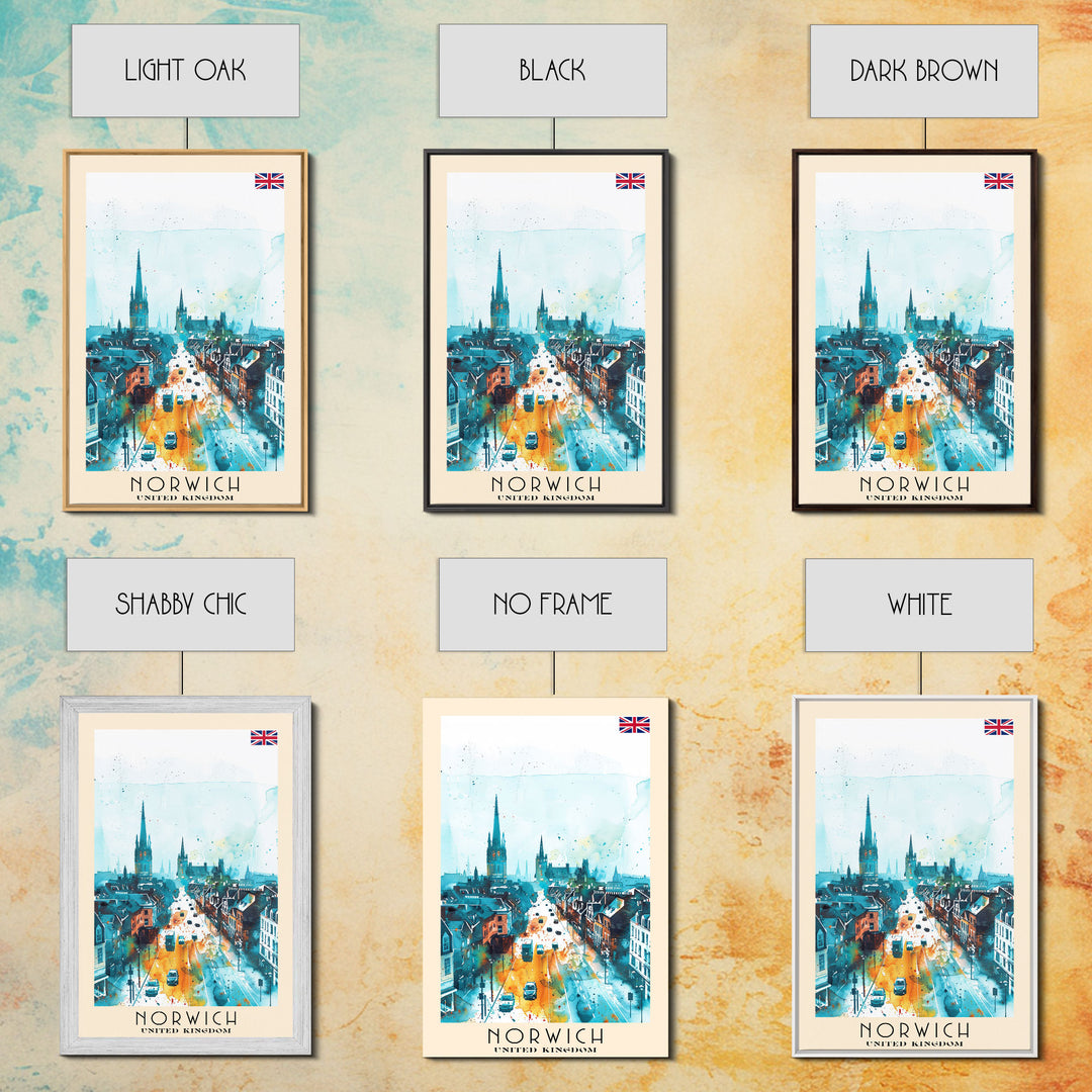 Norwich United Kingdom Travel Poster Framed Canvas Print, Watercolor Painting, Historic Wall Art, Home Decor, British Architecture, Artistic Decor