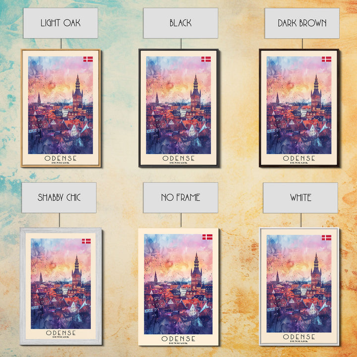 Odense Denmark Travel Poster Framed Canvas Print, Watercolor Painting, Scenic Wall Art, Home Decor, Danish Cityscape, Artistic Decor