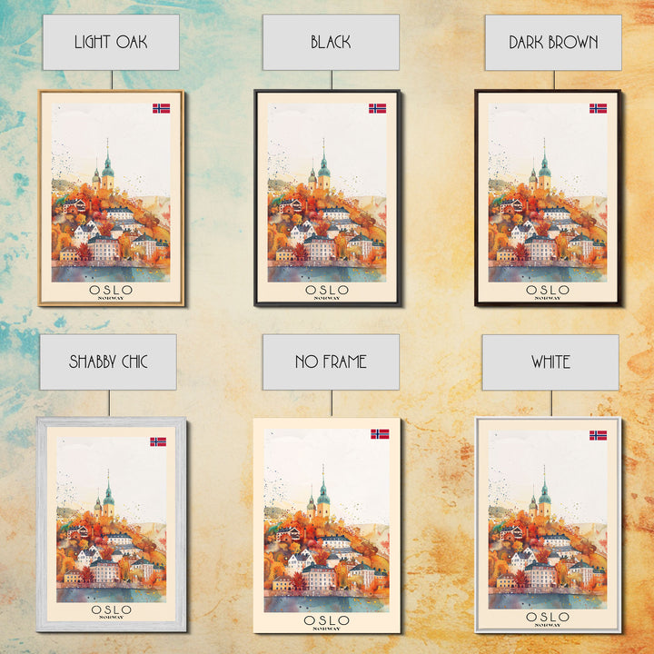 Oslo Norway Travel Poster Framed Canvas Print, Watercolor Painting, Scenic Wall Art, Home Decor, Norwegian Cityscape, Modern Decor