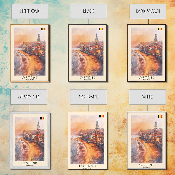 Ostend Belgium Travel Poster Framed Canvas Print, Watercolor Painting, Coastal Wall Art, Home Decor, Belgian Seaside, Vibrant Art