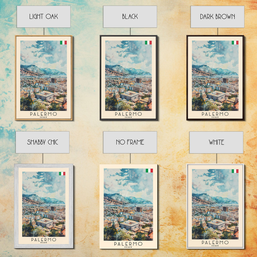 Palermo Italy Travel Poster Framed Canvas Print, Watercolor Painting, Coastal Wall Art, Home Decor, Italian Seaside, Vibrant Art