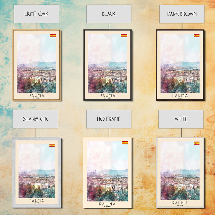 Palma Spain Travel Poster Framed Canvas Print, Watercolor Painting, Scenic Wall Art, Home Decor, Spanish Landscape, Minimalist Art