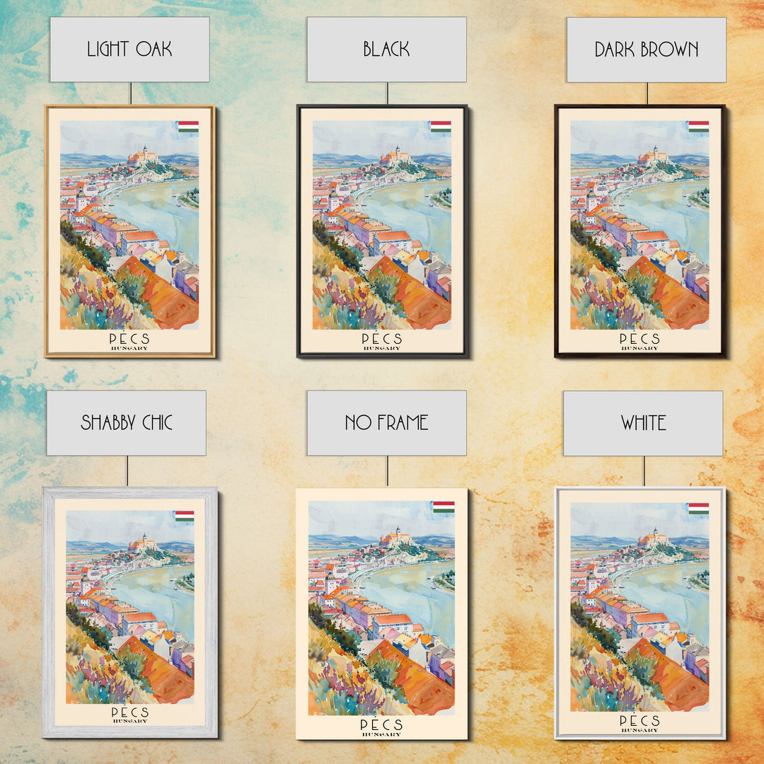 Pecs Hungary Travel Poster Framed Canvas Print, Watercolor Painting, Scenic Wall Art, Home Decor, Hungarian Cityscape, Minimalist Art