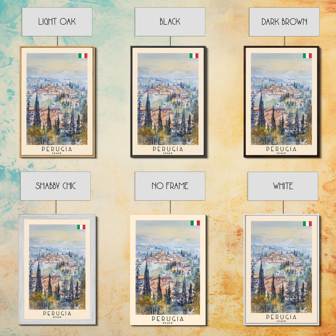 Perugia Italy Travel Poster Framed Canvas Print, Watercolor Painting, Scenic Wall Art, Home Decor, Italian Cityscape, Classic Art