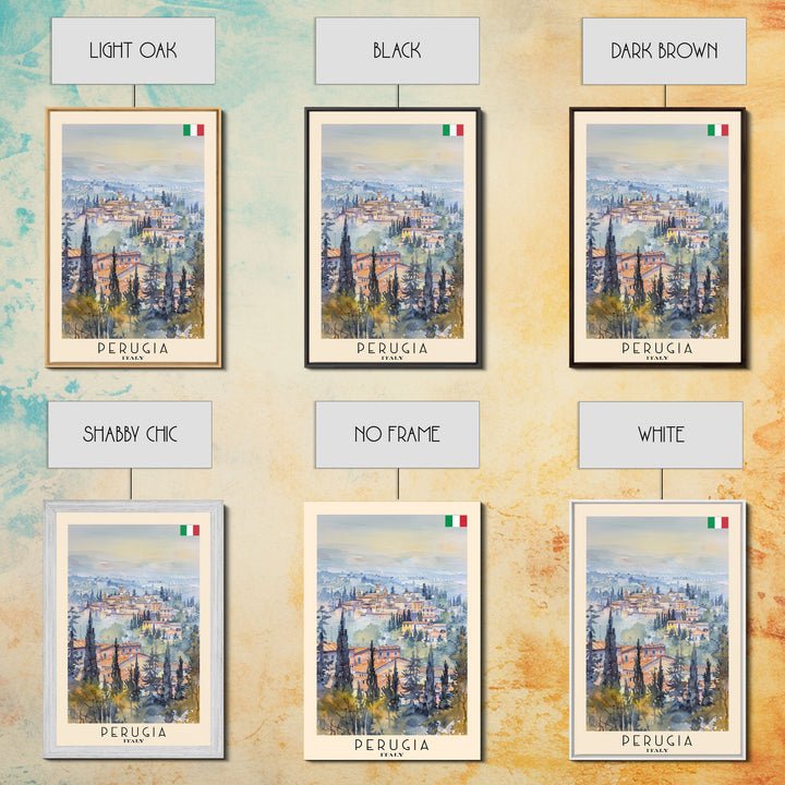 Perugia Italy Travel Poster Framed Canvas Print, Watercolor Painting, Scenic Wall Art, Home Decor, Italian Cityscape, Classic Art