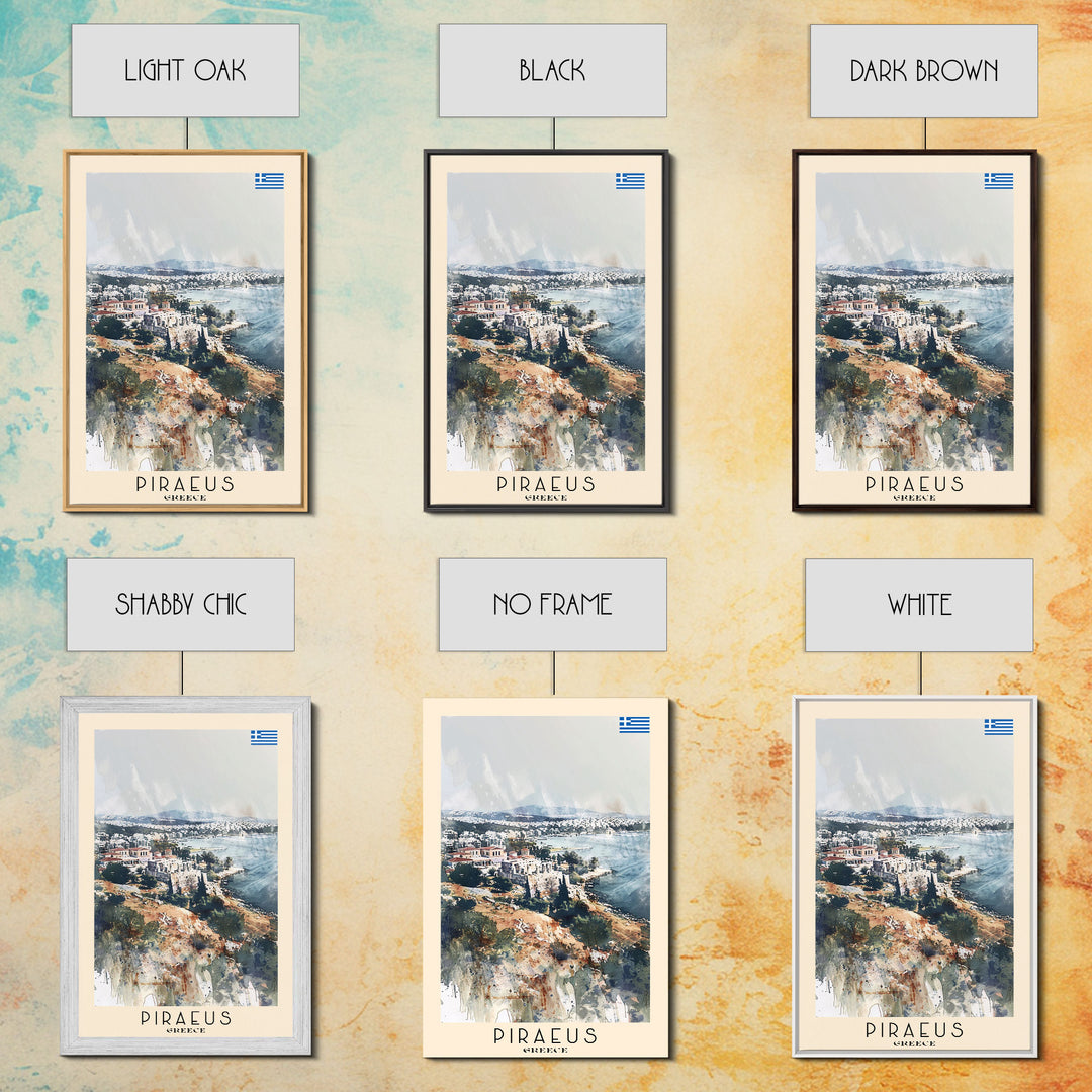 Piraeus Greece Travel Poster Framed Canvas Print, Watercolor Painting, Coastal Wall Art, Home Decor, Greek Seaside, Vibrant Art