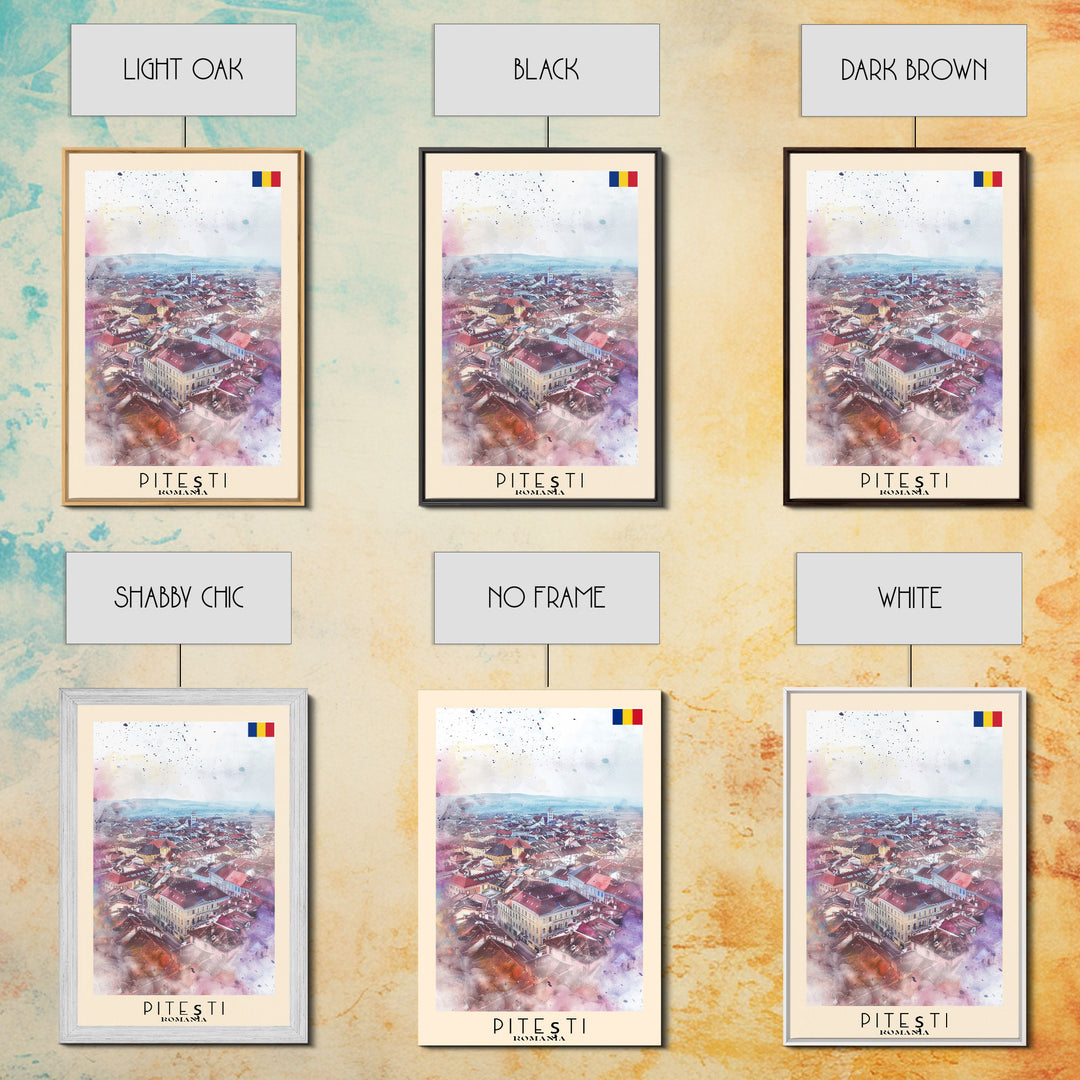 Piteti Romania Travel Poster Framed Canvas Print, Watercolor Painting, Scenic Wall Art, Home Decor, Romanian Cityscape, Classic Art