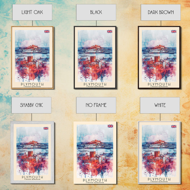 Plymouth United Kingdom Travel Poster Framed Canvas Print, Watercolor Painting, Coastal Wall Art, Home Decor, British Seaside, Modern Decor