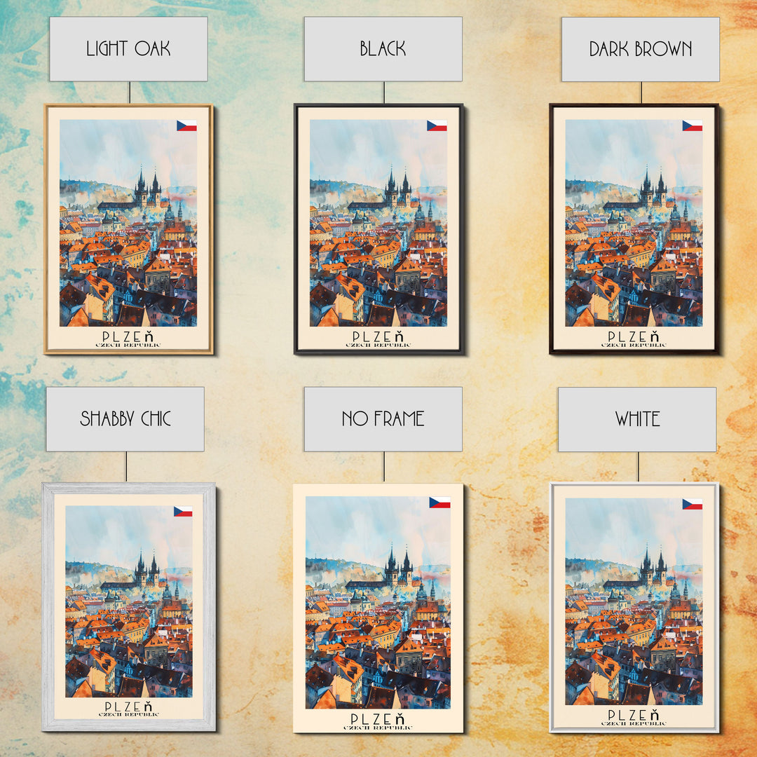 Plzen Czech Republic Travel Poster Framed Canvas Print, Watercolor Painting, Scenic Wall Art, Home Decor, Czech Cityscape, Modern Decor