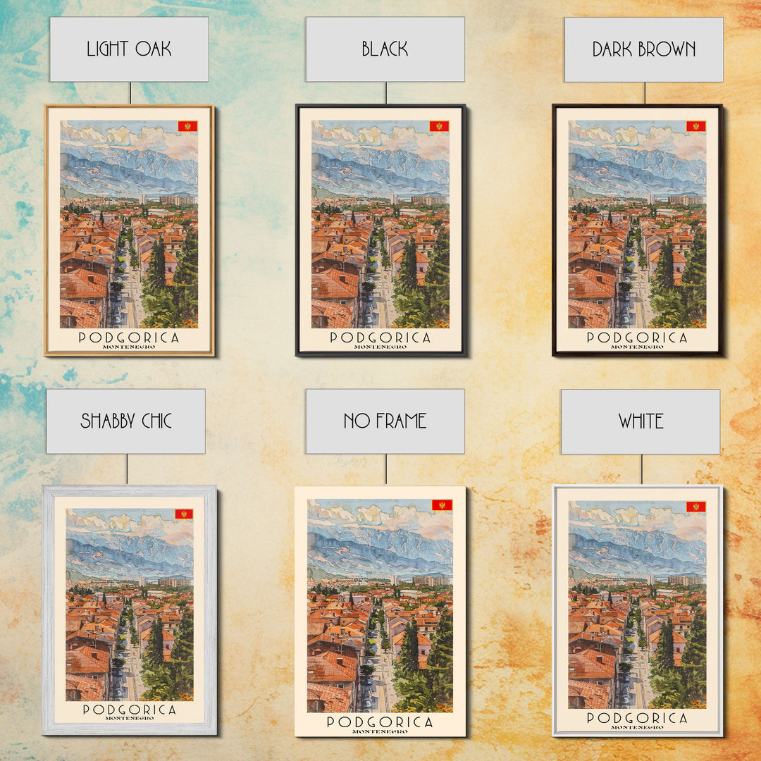 Podgorica Montenegro Travel Poster Framed Canvas Print, Watercolor Painting, Scenic Wall Art, Home Decor, Montenegrin Landscape, Artistic Decor