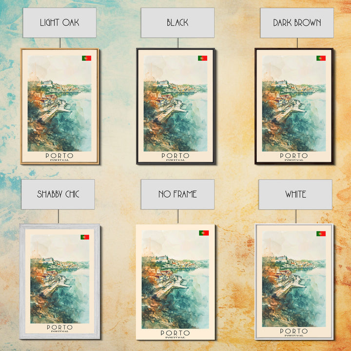 Porto Portugal Travel Poster Framed Canvas Print, Watercolor Painting, Coastal Wall Art, Home Decor, Portuguese Seaside, Vibrant Art