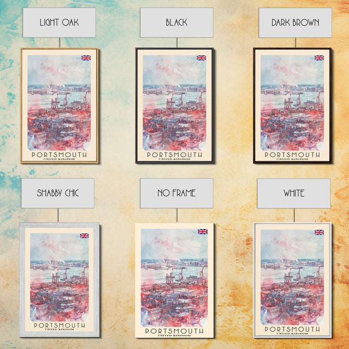 Portsmouth United Kingdom Travel Poster Framed Canvas Print, Watercolor Painting, Coastal Wall Art, Home Decor, British Seaside, Modern Art