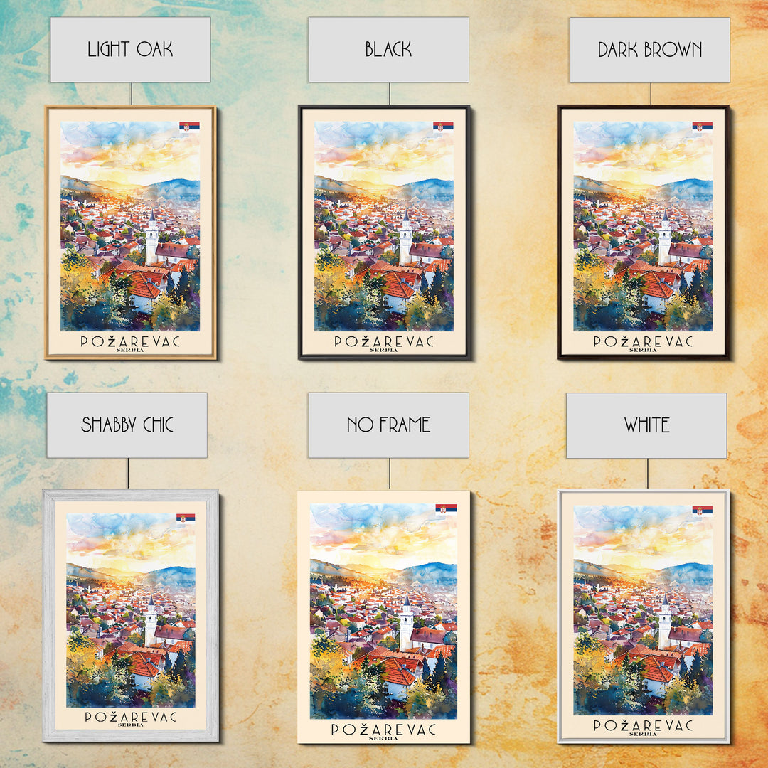 Pozega Serbia Travel Poster Framed Canvas Print, Watercolor Painting, Scenic Wall Art, Home Decor, Serbian Landscape, Classic Art