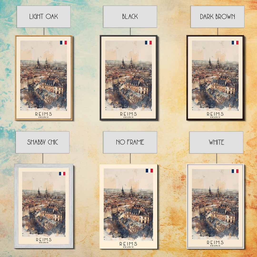 Reims France Travel Poster Framed Canvas Print, Watercolor Painting, Historic Wall Art, Home Decor, French Architecture, Classic Art