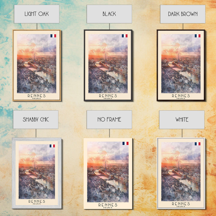 Rennes France Travel Poster Framed Canvas Print, Watercolor Painting, Scenic Wall Art, Home Decor, French Cityscape, Modern Decor