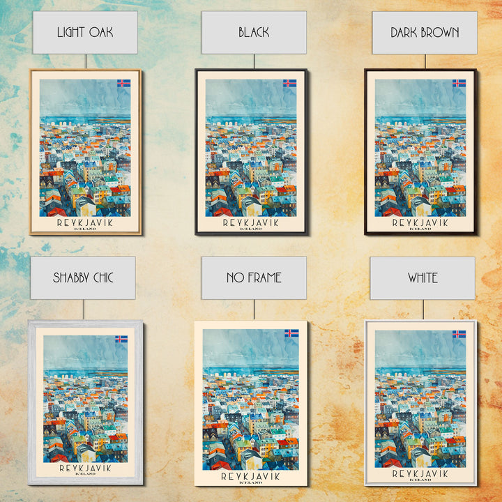 Reykjavik Iceland Travel Poster Framed Canvas Print, Watercolor Painting, Scenic Wall Art, Home Decor, Icelandic Landscape, Artistic Decor