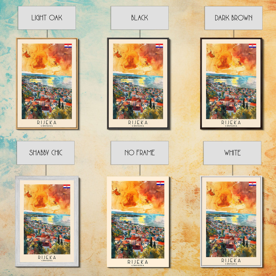 Rijeka Croatia Travel Poster Framed Canvas Print, Watercolor Painting, Coastal Wall Art, Home Decor, Croatian Seaside, Modern Art