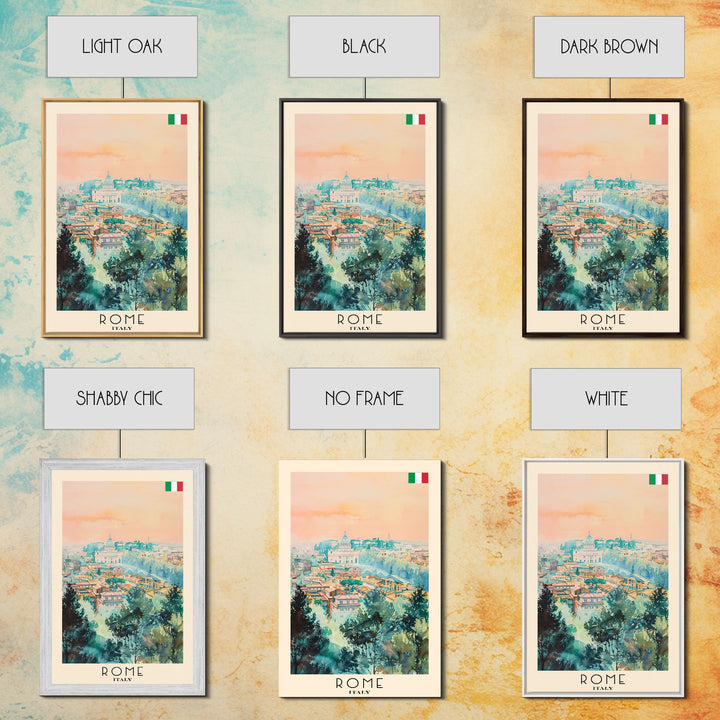 Rome Italy Travel Poster Framed Canvas Print, Watercolor Painting, Historic Wall Art, Home Decor, Italian Cityscape, Classic Art