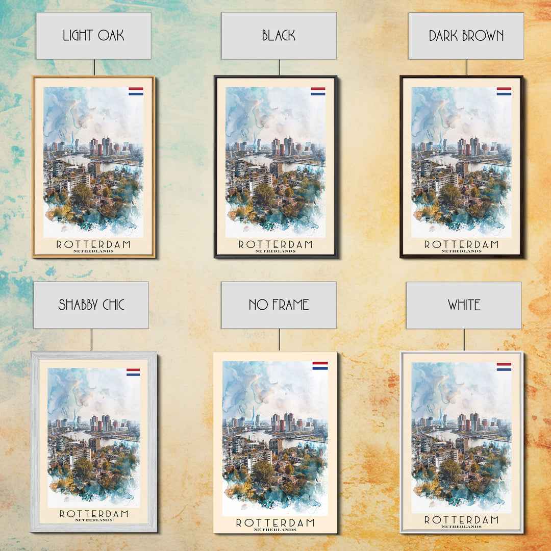 Rotterdam Netherlands Travel Poster Framed Canvas Print, Watercolor Painting, Urban Wall Art, Home Decor, Dutch Cityscape, Artistic Decor
