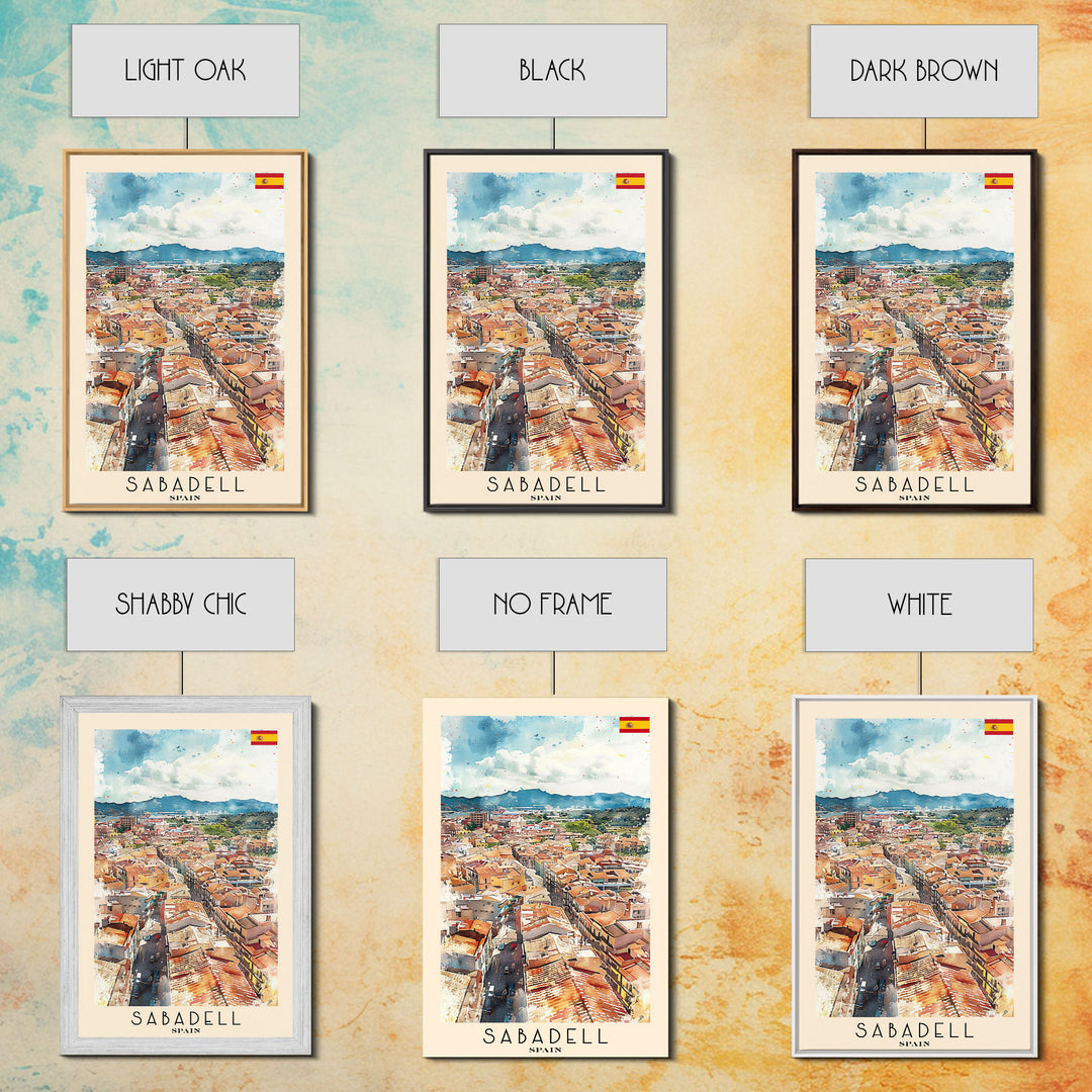 Sabadell Spain Travel Poster Framed Canvas Print, Watercolor Painting, Scenic Wall Art, Home Decor, Spanish Landscape, Artistic Art