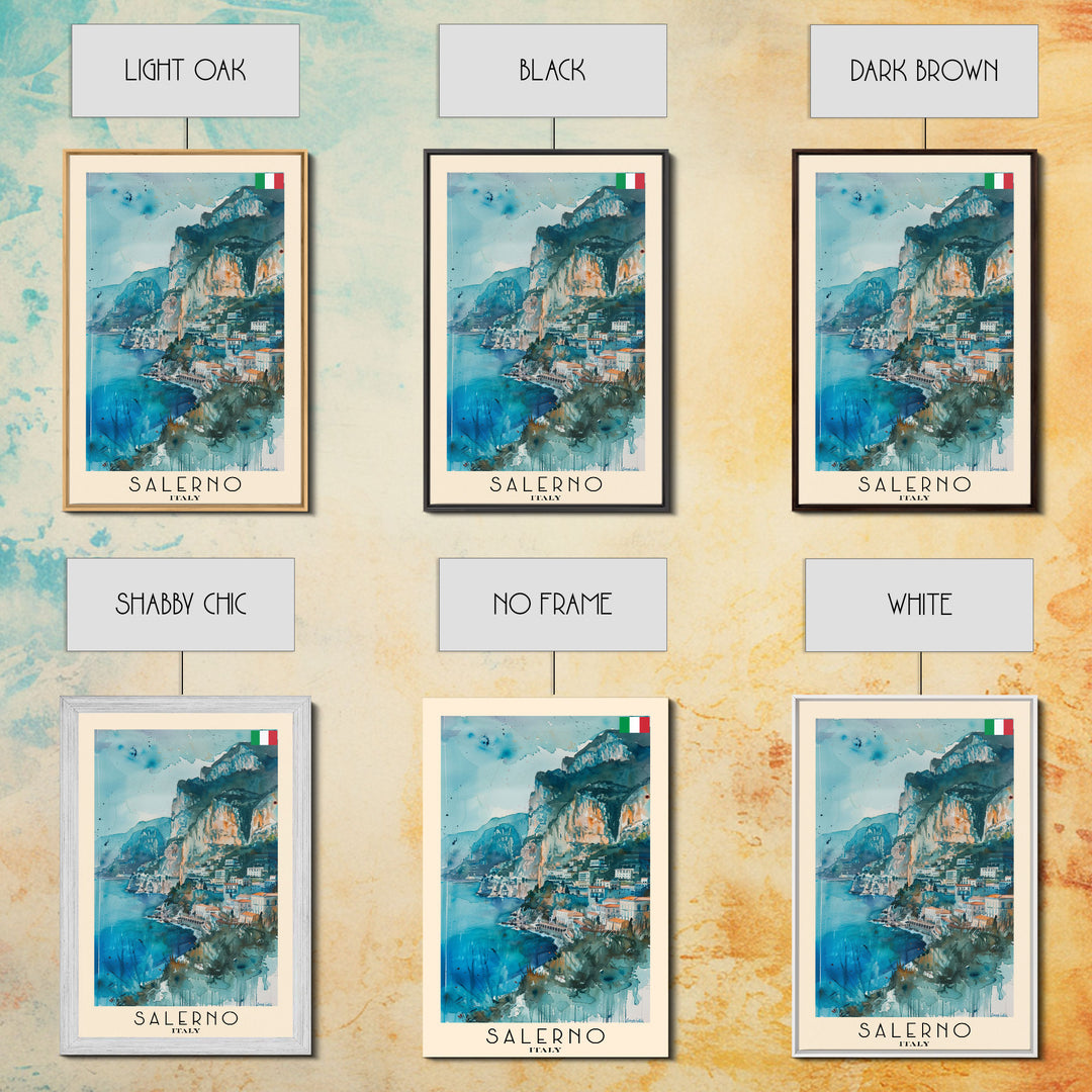 Salerno Italy Travel Poster Framed Canvas Print, Watercolor Painting, Coastal Wall Art, Home Decor, Italian Seaside, Modern Art