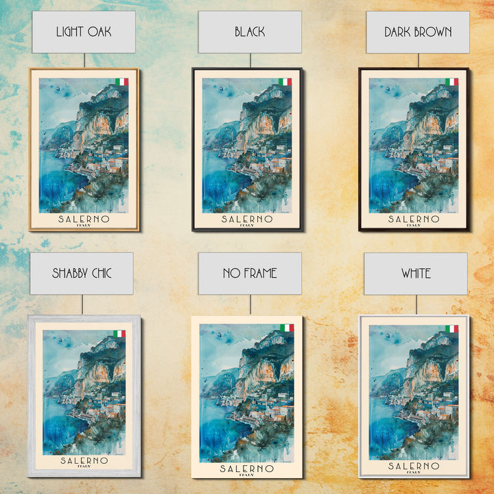 Salerno Italy Travel Poster Framed Canvas Print, Watercolor Painting, Coastal Wall Art, Home Decor, Italian Seaside, Modern Art