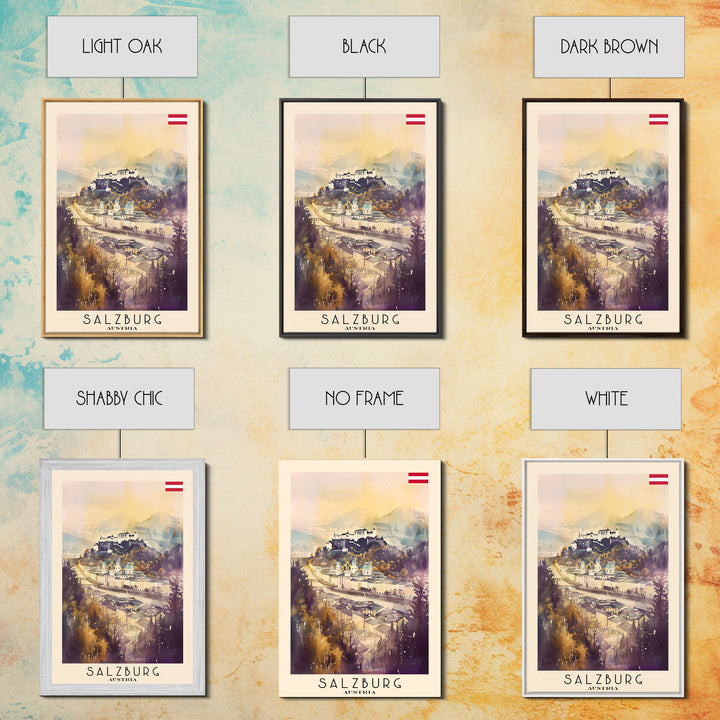 Salzburg Austria Travel Poster Framed Canvas Print, Watercolor Painting, Historic Wall Art, Home Decor, Austrian Architecture, Classic Decor