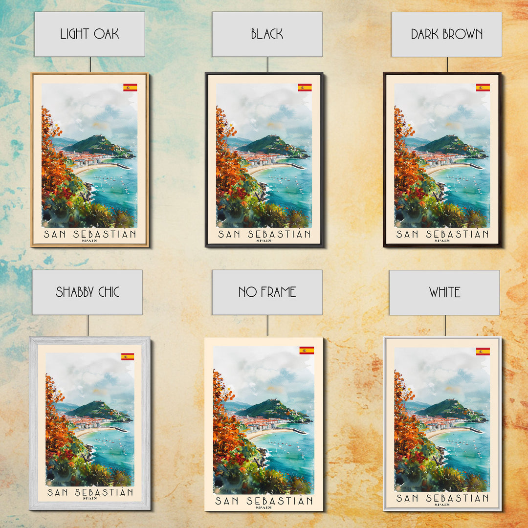 San Sebastian Spain Travel Poster Framed Canvas Print, Watercolor Painting, Coastal Wall Art, Home Decor, Spanish Seaside, Vibrant Art