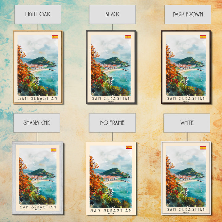 San Sebastian Spain Travel Poster Framed Canvas Print, Watercolor Painting, Coastal Wall Art, Home Decor, Spanish Seaside, Vibrant Art