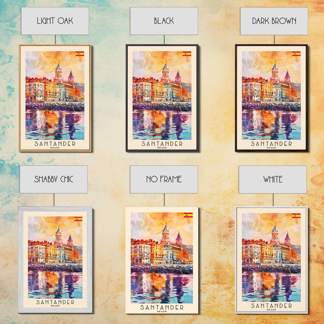 Santander Spain Travel Poster Framed Canvas Print, Watercolor Painting, Coastal Wall Art, Home Decor, Spanish Seaside, Vibrant Art