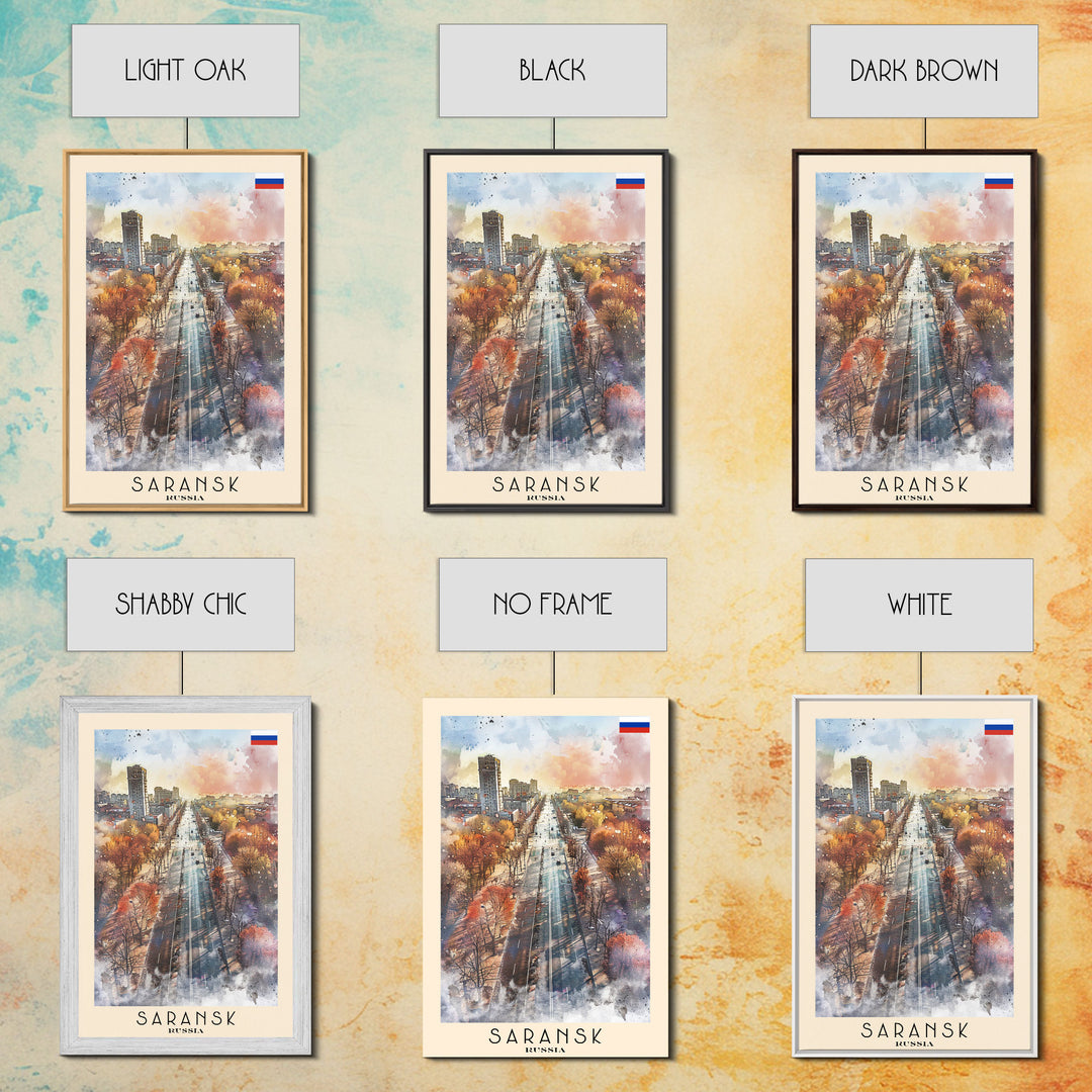 Saransk Russia Travel Poster Framed Canvas Print, Watercolor Painting, Urban Wall Art, Home Decor, Russian Cityscape, Modern Decor