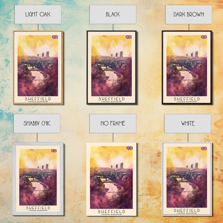 Sheffield United Kingdom Travel Poster Framed Canvas Print, Watercolor Painting, Urban Wall Art, Home Decor, British Cityscape, Artistic Decor