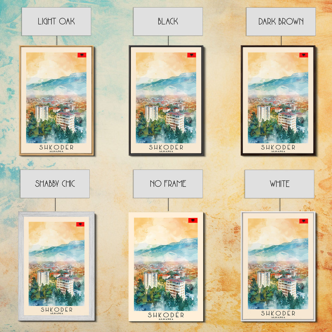 Shkoder Albania Travel Poster Framed Canvas Print, Watercolor Painting, Scenic Wall Art, Home Decor, Albanian Landscape, Classic Art