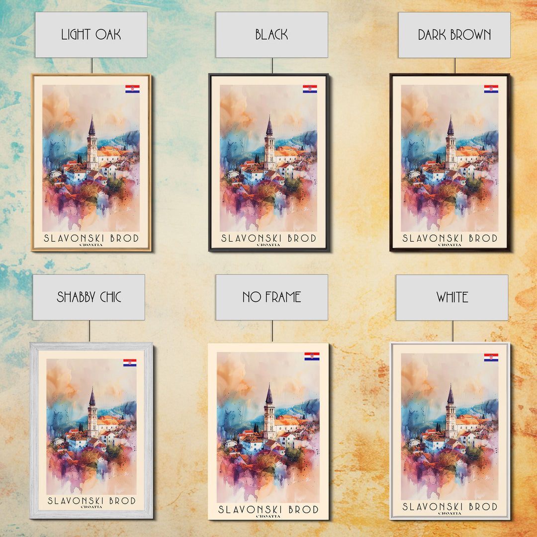 Slavonski Brod Croatia Travel Poster Framed Canvas Print, Watercolor Painting, Scenic Wall Art, Home Decor, Croatian Cityscape, Classic Art