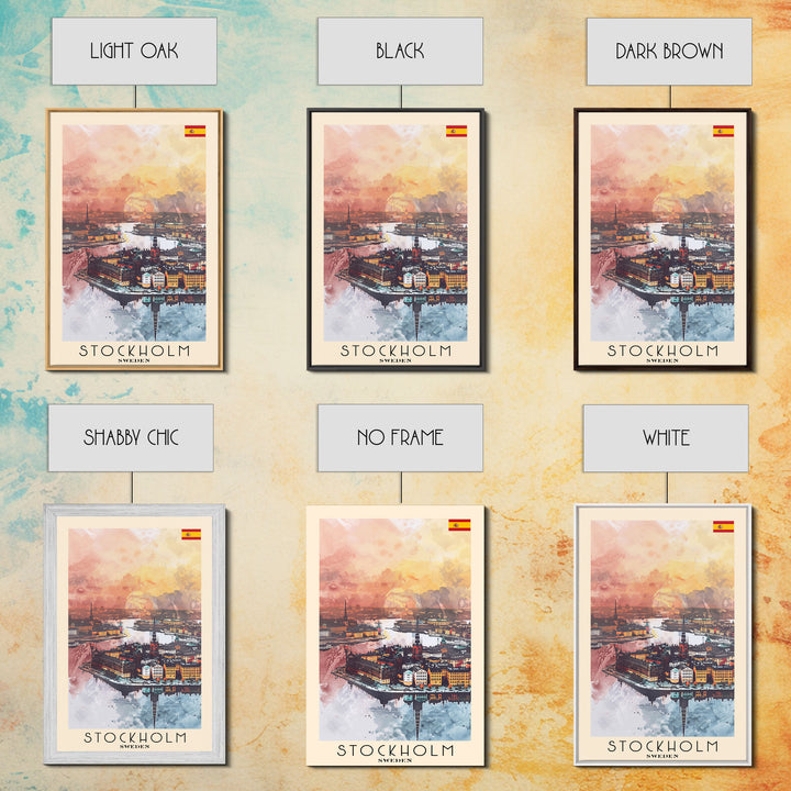 Stockholm Sweden Travel Poster Framed Canvas Print, Watercolor Painting, Scenic Wall Art, Home Decor, Swedish Cityscape, Contemporary Art