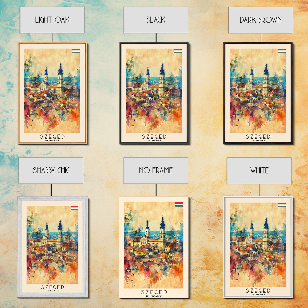 Szeged Hungary Travel Poster Framed Canvas Print, Watercolor Painting, Scenic Wall Art, Home Decor, Hungarian Cityscape, Vibrant Art