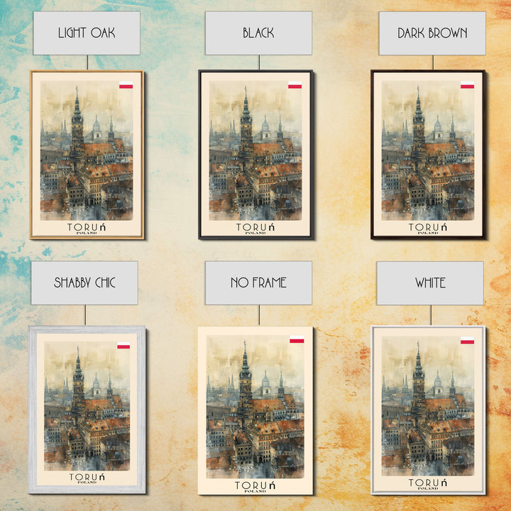 Torun Poland Travel Poster Framed Canvas Print, Watercolor Painting, Historic Wall Art, Home Decor, Polish Cityscape, Medieval Art