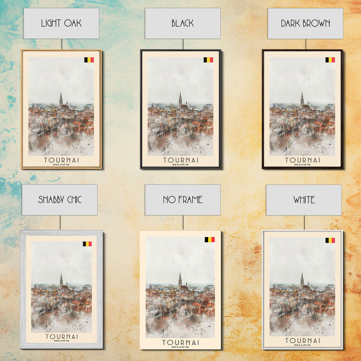 Tournai Belgium Travel Poster Framed Canvas Print, Watercolor Painting, Historic Wall Art, Home Decor, Belgian Cityscape, Heritage Art