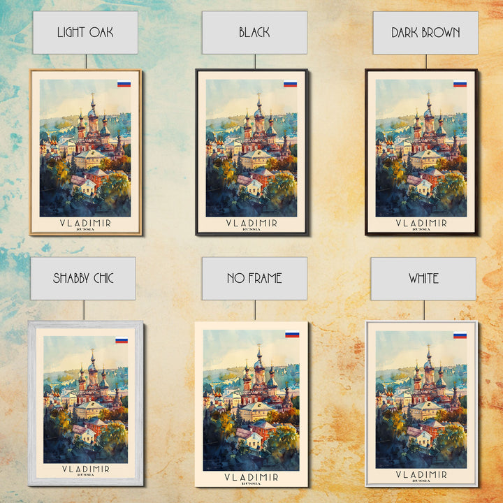 Vladimir Russia Travel Poster Framed Canvas Print, Watercolor Painting, Historic Wall Art, Home Decor, Russian Architecture, Classic Decor