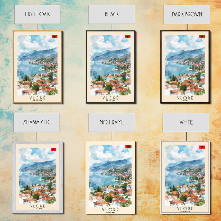 Vlor Albania Travel Poster Framed Canvas Print, Watercolor Painting, Scenic Wall Art, Home Decor, Albanian Landscape, Exotic Decor