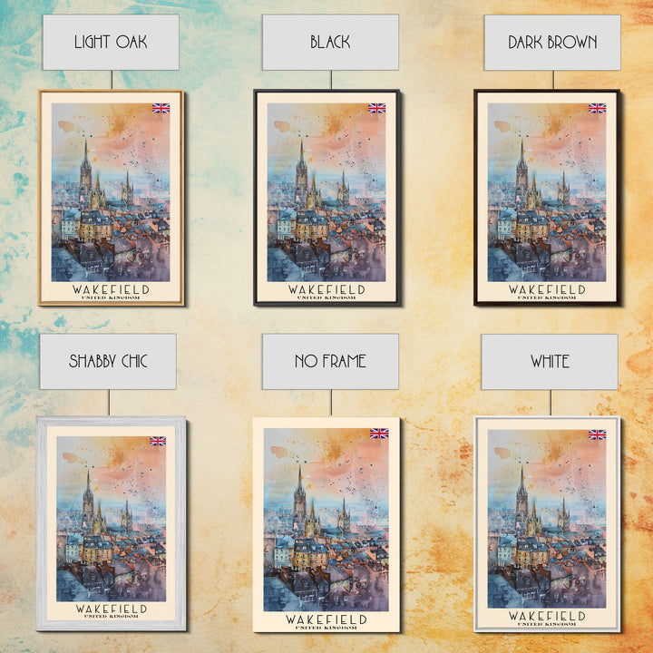 Wakefield United Kingdom Travel Poster Framed Canvas Print, Watercolor Painting, Urban Wall Art, Home Decor, British Cityscape, Elegant Decor