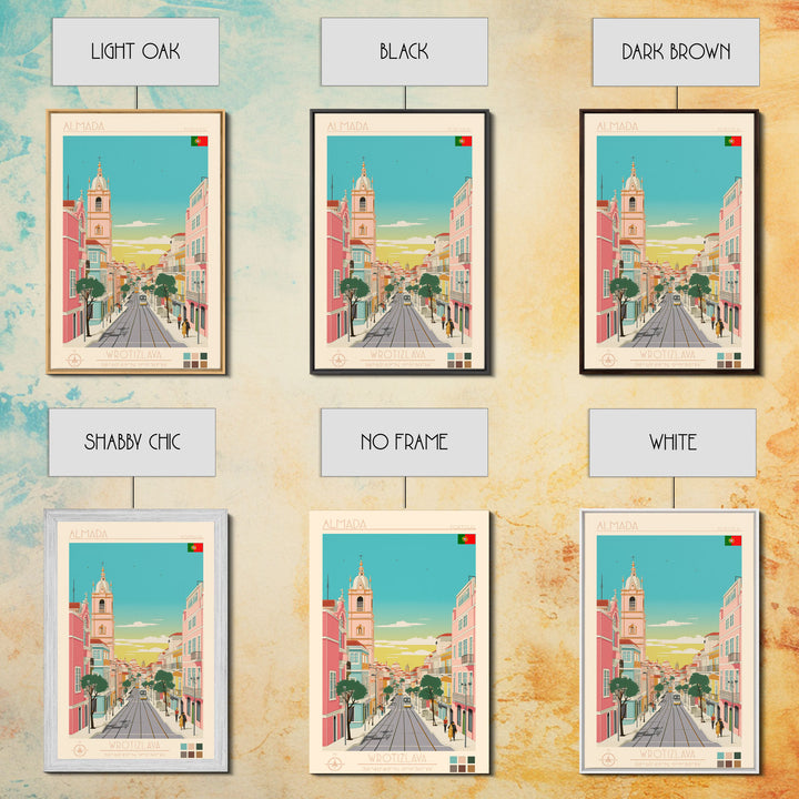 Almada Portugal Travel Poster Framed Canvas Print, Midcentury Modern Art, Pop Art Decor, Wall Art, Vacation Gift, Living Room Decoration, Scenic Print