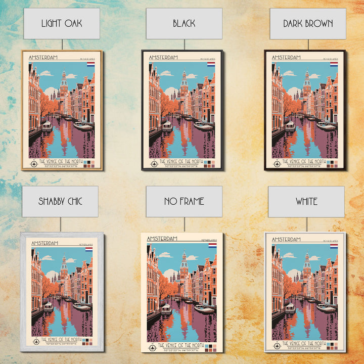 Amsterdam Netherlands Travel Poster Framed Canvas Print, Midcentury Modern Art, Pop Art Decor, Wall Art, Vacation Gift, Living Room Decoration, Scenic Print