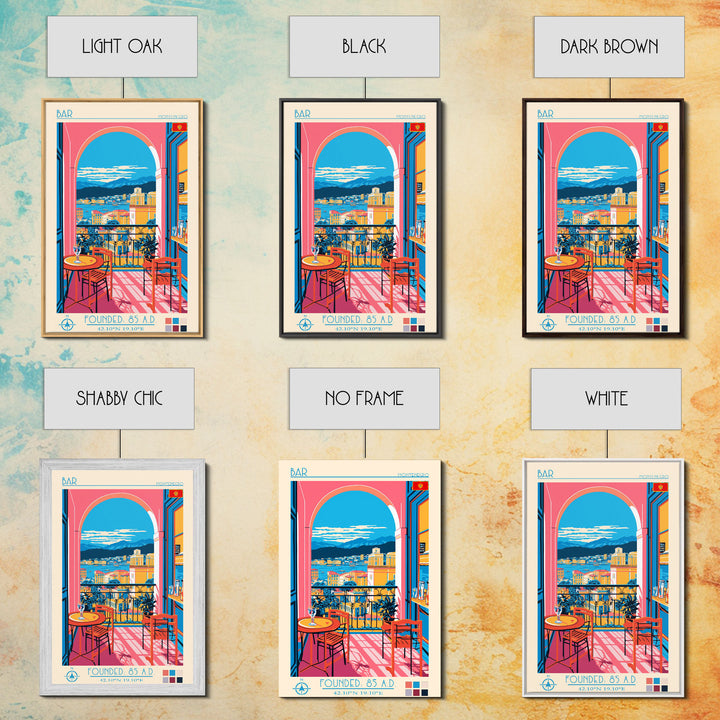 Bar Montenegro Travel Poster Framed Canvas Print, Midcentury Modern Art, Pop Art Wall Decor, Home Decor, Vacation Gift, Living Room Art
