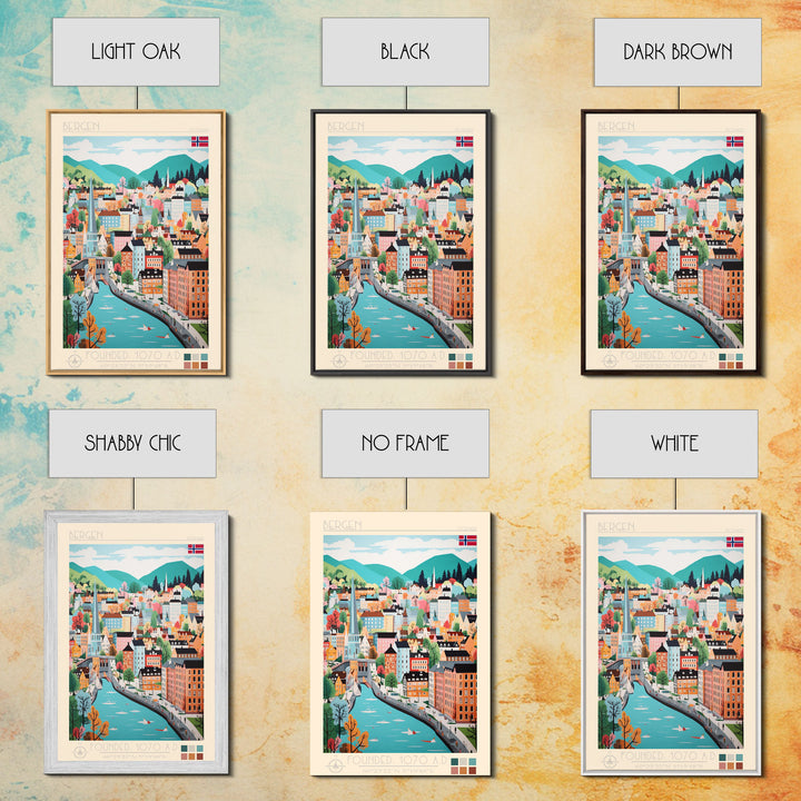 Bergen Norway Travel Poster Framed Canvas Print, Midcentury Modern Art, Pop Art Wall Decor, Home Decor, Vacation Gift, Living Room Art