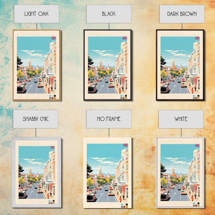 Bournemouth United Kingdom Travel Poster Framed Canvas Print, Midcentury Modern Art, Pop Art Wall Decor, Scenic Wall Art, Living Room Art