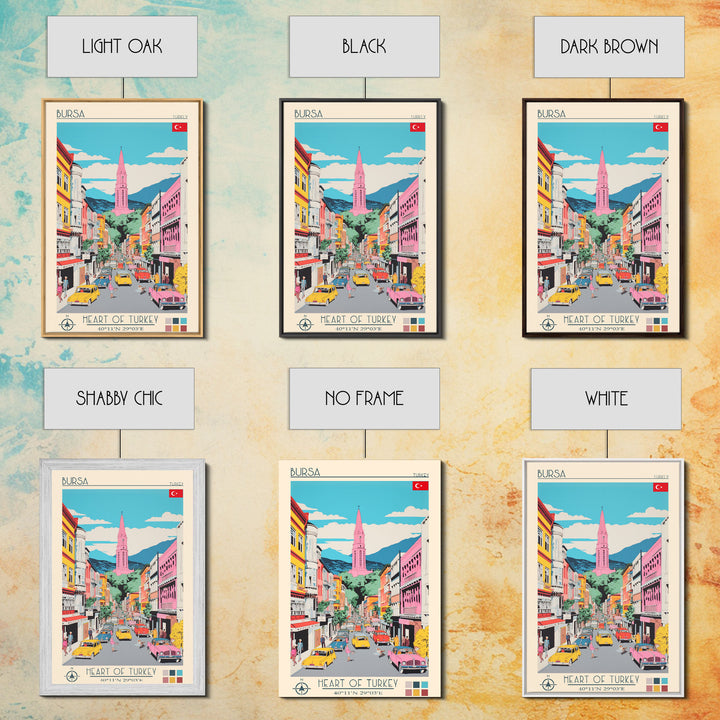 Bursa Turkey Travel Poster Framed Canvas Print, Midcentury Modern Art, Pop Art Wall Decor, Scenic Wall Art, Living Room Art