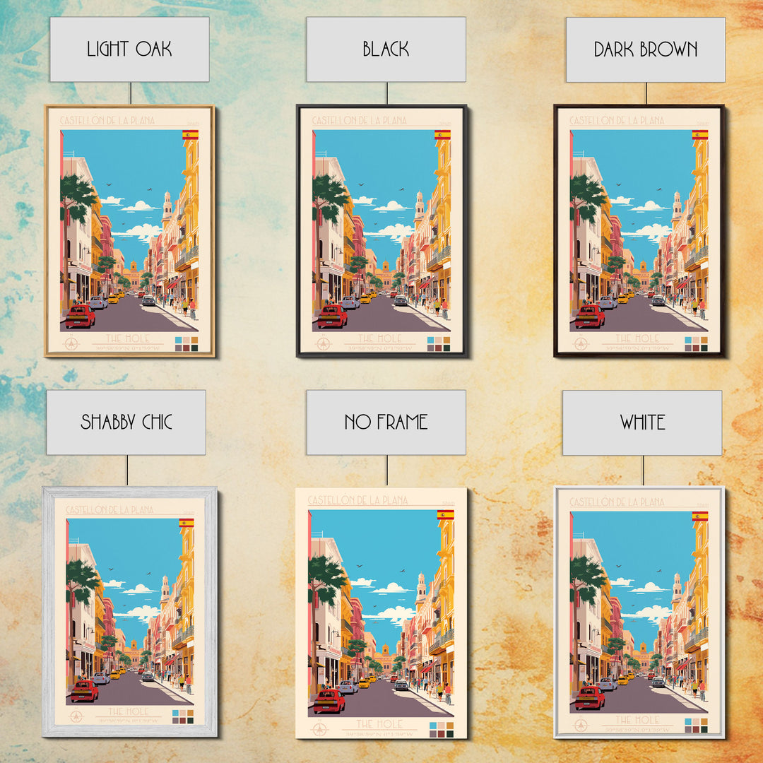Castellón de la Plana Spain Travel Poster Framed Canvas Print, Midcentury Modern Art, Pop Art Wall Decor, Home Decor, Vacation Gift, Living Room Art