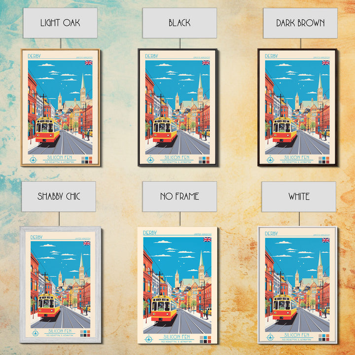 Derby United Kingdom Travel Poster Framed Canvas Print, Midcentury Modern Art, Pop Art Wall Decor, Scenic Wall Art, Living Room Art
