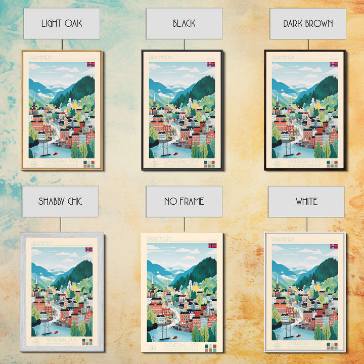 Drammen Norway Travel Poster Framed Canvas Print, Midcentury Modern Art, Pop Art Wall Decor, Home Decor, Vacation Gift, Living Room Art